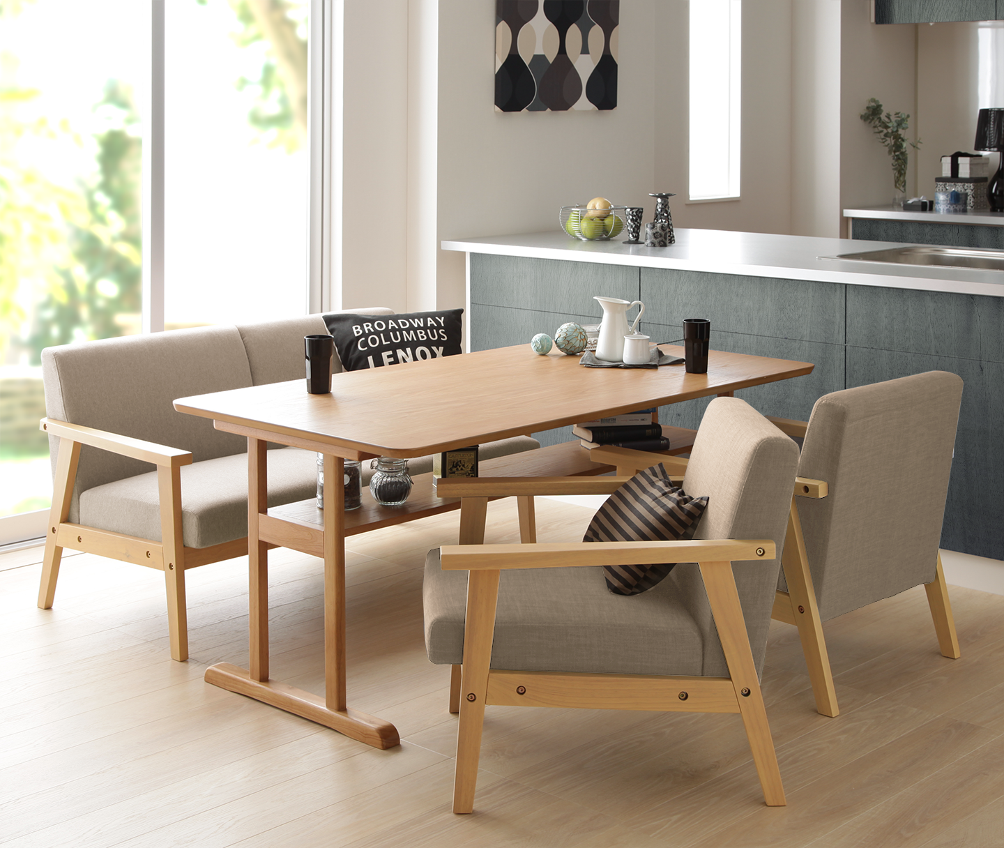 棚付きのテーブル＋カラー豊富な木肘ソファでおしゃれな北欧インテリアダイニング4点セット テーブル幅120cm Sugure Interior  送料無料・業界最安値